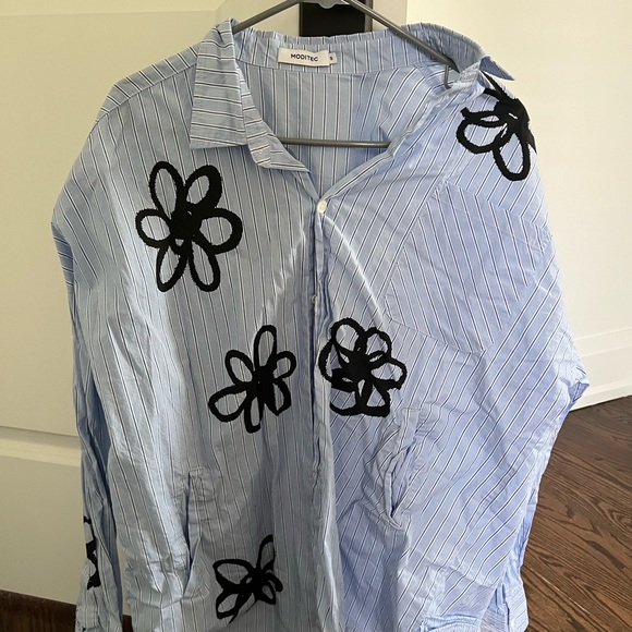 Blue Striped Shirt with Black Floral Design - Picture 1 of 3